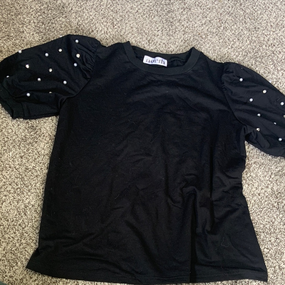 Black Puff Sleeve Pearl-Accent Tee